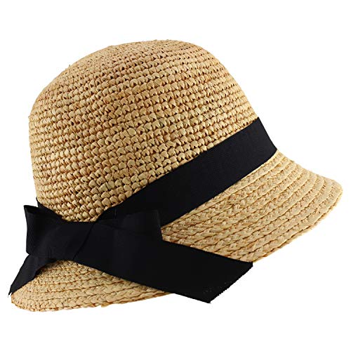 Trendy Apparel Shop Women's Raffia Straw Cloche Style Ribbon Band Sun  Bucket Hat - Natural