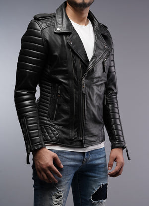 Mens Designer Quilted Padded Biker Gun Metal Leather Jacket ...