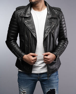 Mens Designer Quilted Padded Biker Gun Metal Leather Jacket ...