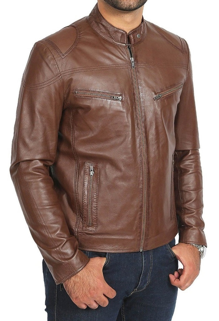 Mens Brown Designer Slim Fit Zipper Leather Jacket – SouthBeachLeather