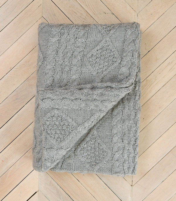 Grey Aran-Knit 100% Pure Wool Throw - Isador