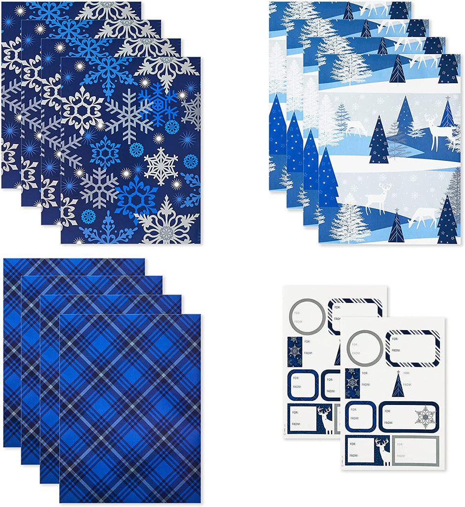 Blue and White 3-Pack Holiday Wrapping Paper Assortment, 120 sq