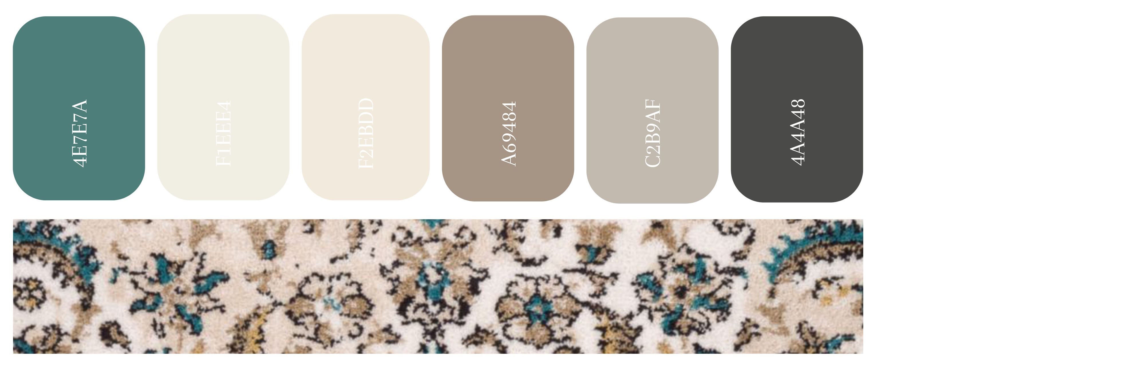 Teal interior design inspiration featuring six color swatches arranged in a horizontal row, including a muted teal accent paired with versatile neutrals: cream in hex code F1EEE4, warm white in hex code F2EBDD, soft taupe in hex code A69484, balanced greige in hex code C2B9AF, and deep charcoal in hex code 4A4A48, shown alongside a patterned rug detail that highlights how teal layers seamlessly with warm, livable neutral tones in interior palettes.