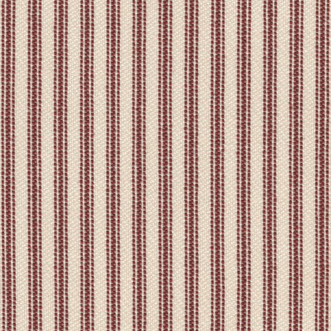 A detailed view of striped upholstery fabric featuring a repetitive pattern with alternating stripes in cream and a rich burgundy color. The design includes finer, intricate lines in dark red that add depth and texture to the overall aesthetic.