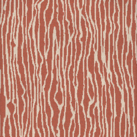 This image features a swatch of upholstery fabric with a dynamic, zebra-like pattern. The design consists of wavy, irregular stripes in a lighter, creamy shade set against a rusty orange background. The pattern gives an impression of movement and texture, suggesting a fabric that is both visually striking and suitable for adding a touch of exotic elegance to outdoor furniture. Its robust weave indicates that it is crafted for durability and high performance in outdoor settings.