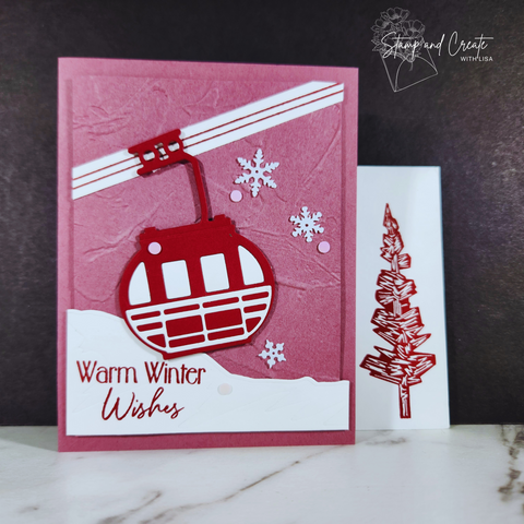 Greeting card featuring ski gondola and mountain in pink, red and white.  Made by Tamara Bertram using Stampin' Up! products