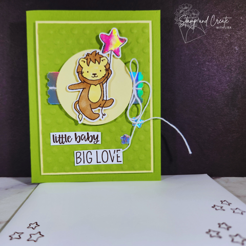 Handmade baby gift card from Tamara Bertram using Stampin' Up! products.  Card is bright green with yellow, and has a lion holding a balloon