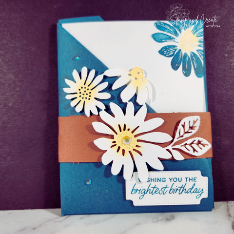 Handmade Fun Fold Card by Cindy Piggott with Daisys on the front
