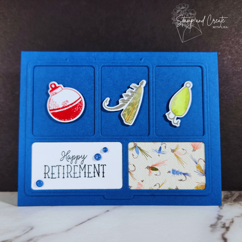 Handmade card from Glenda Mollet featuring a fishing tackle box and the words Happy Retirement