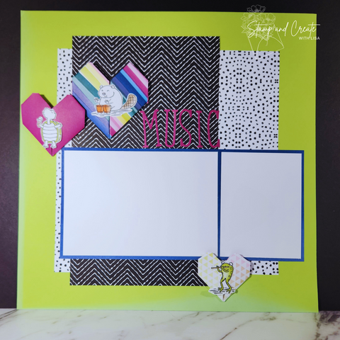 12x12 scrapbook layout on lime green cardstock featuring origami hearts and cute animals playing music