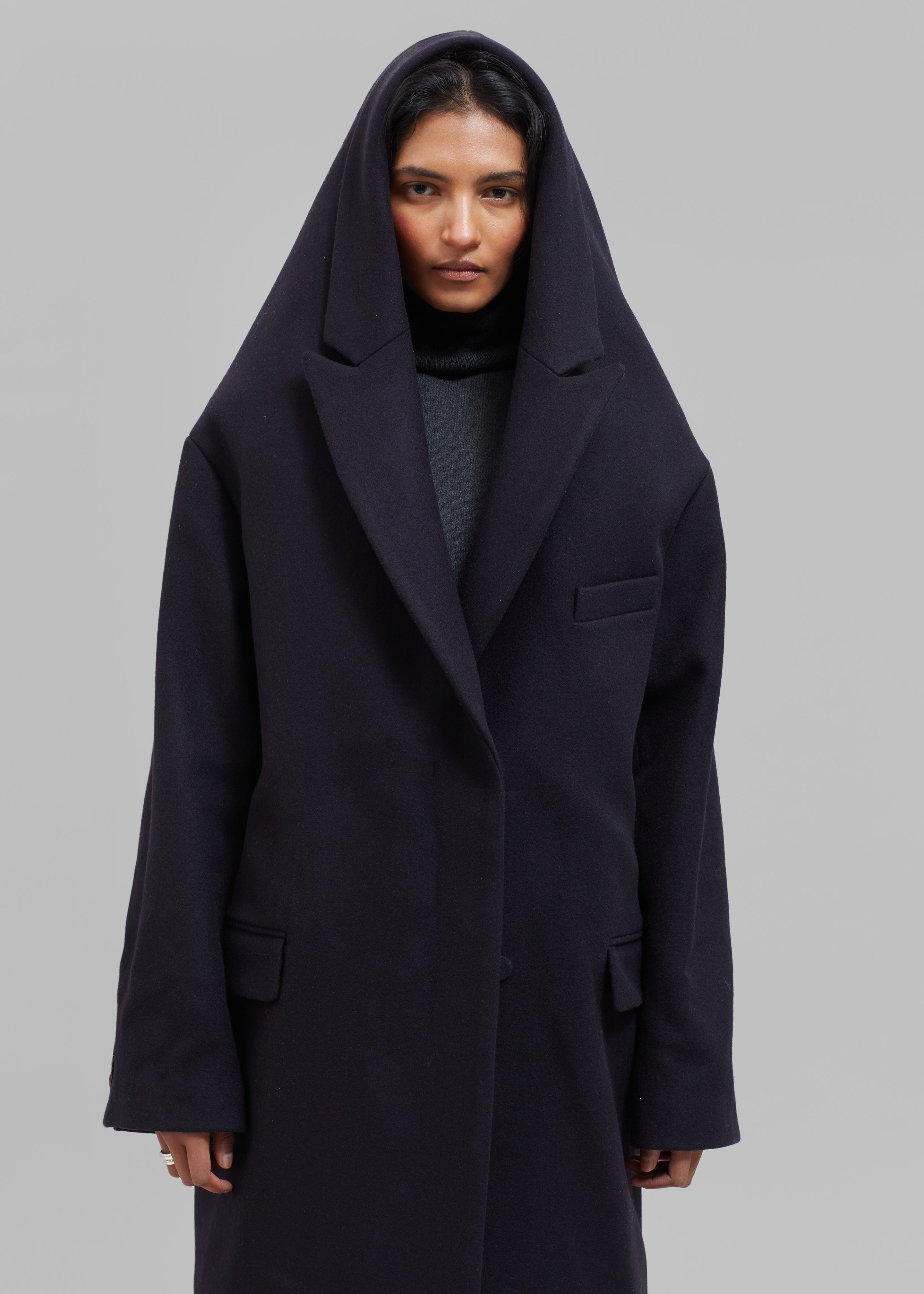 Hooded Wool Coat Women, Blue Wool Winter Coat, Asymmetric Long