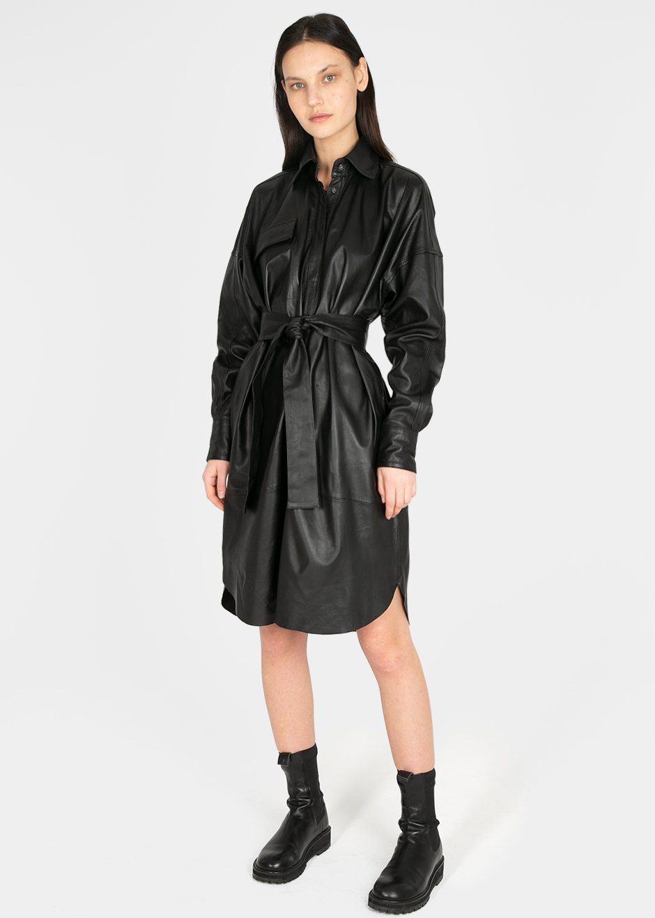 Bologna Belted Leather Shirt Dress by Remain Birger Christensen in Bla ...