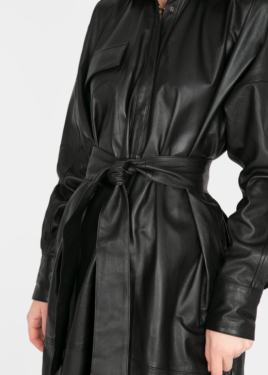 Bologna Belted Leather Shirt Dress by Remain Birger Christensen in Bla ...