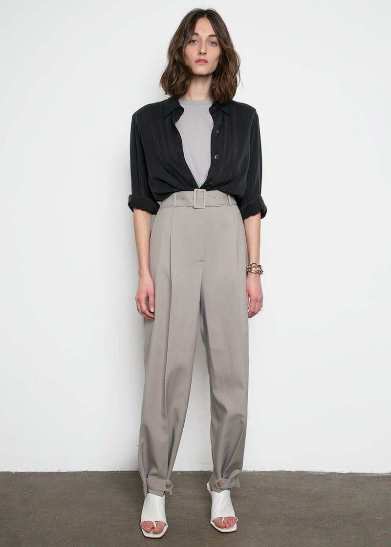 Elvira Belted Suit Pants with Button Tab Cuff in Smoke Grey – The ...