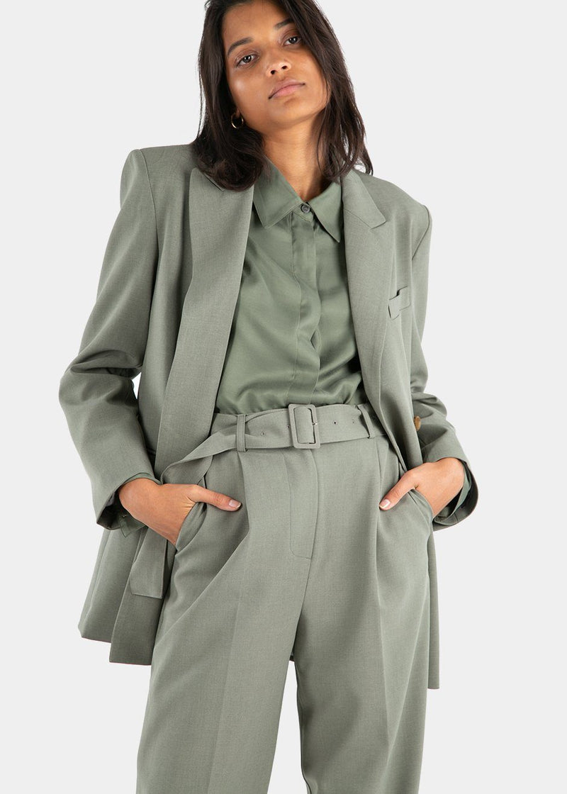 Elvira Belted Suit Pants with Button Tab Cuff in Khaki Green – The ...