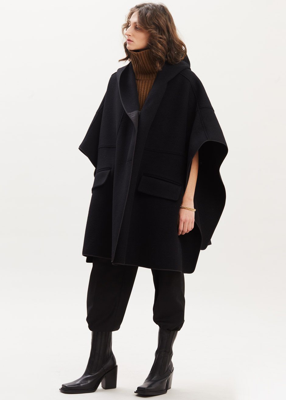 Hooded Wool Cape in Black – The Frankie Shop