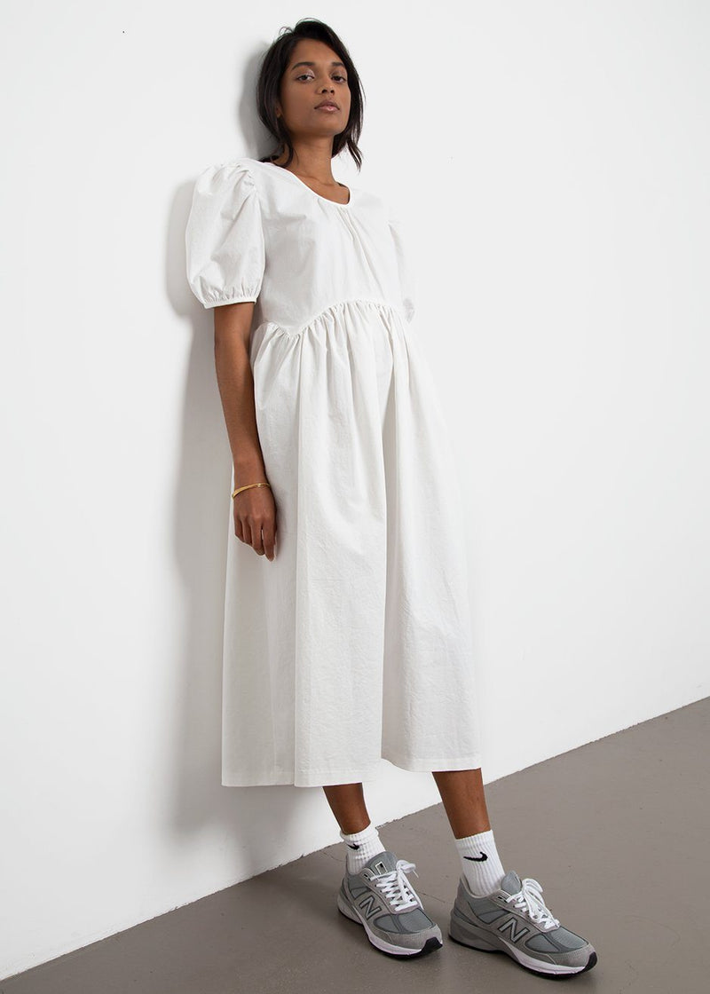 Puff Sleeve Long Cotton Dress- White 