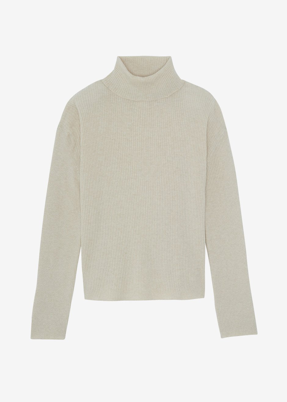 Ribbed Merino Knit Roll Neck Sweater in Shell