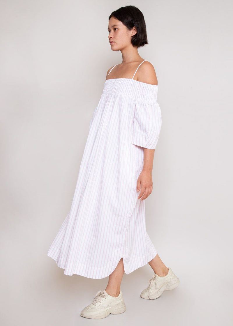 Striped Cotton Off The Shoulder Dress by Ganni in Cherry Blossom – The ...