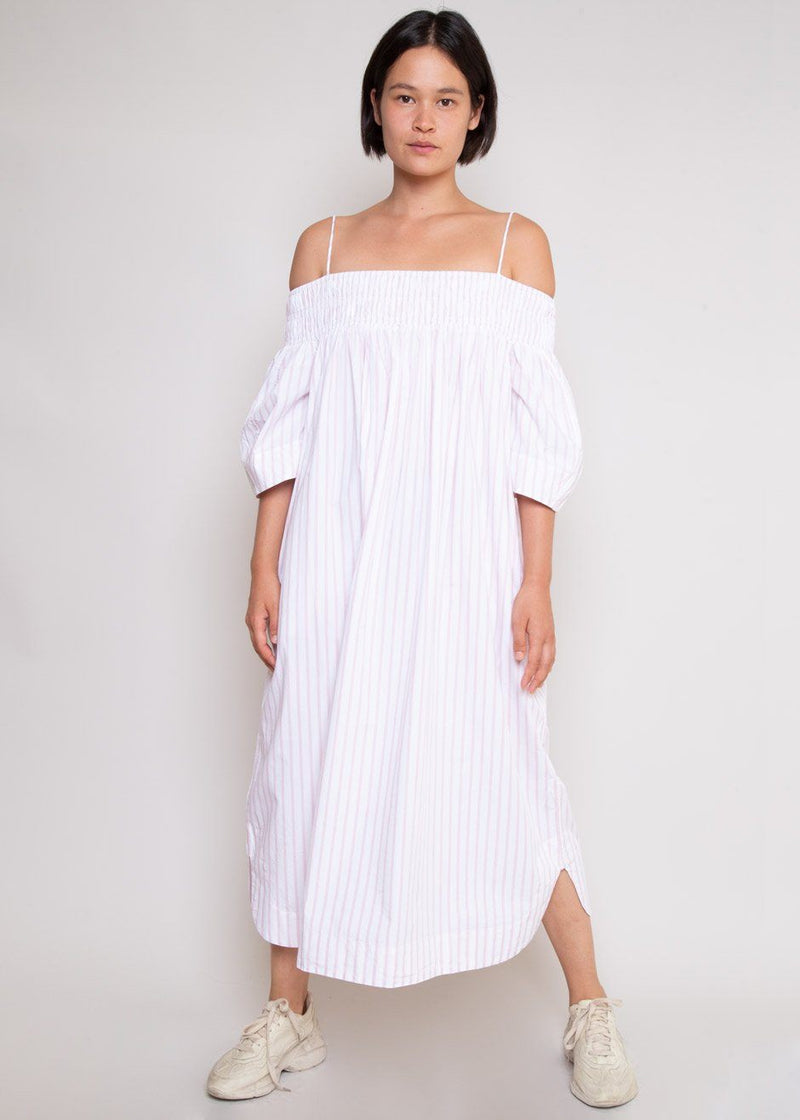 Striped Cotton Off The Shoulder Dress by Ganni in Cherry Blossom – The ...