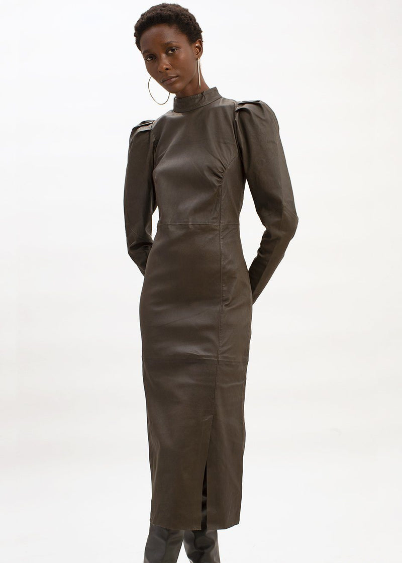 leather midi dress with sleeves