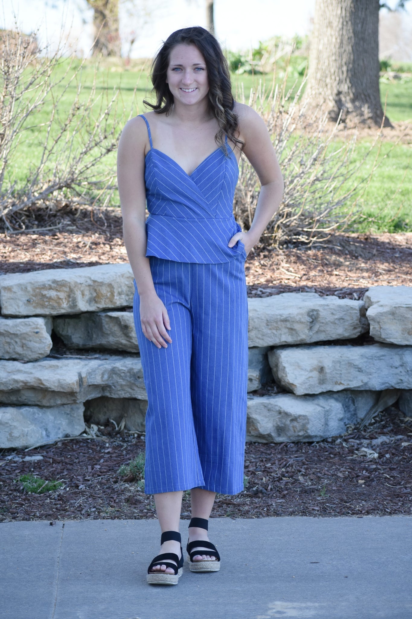 navy peplum jumpsuit