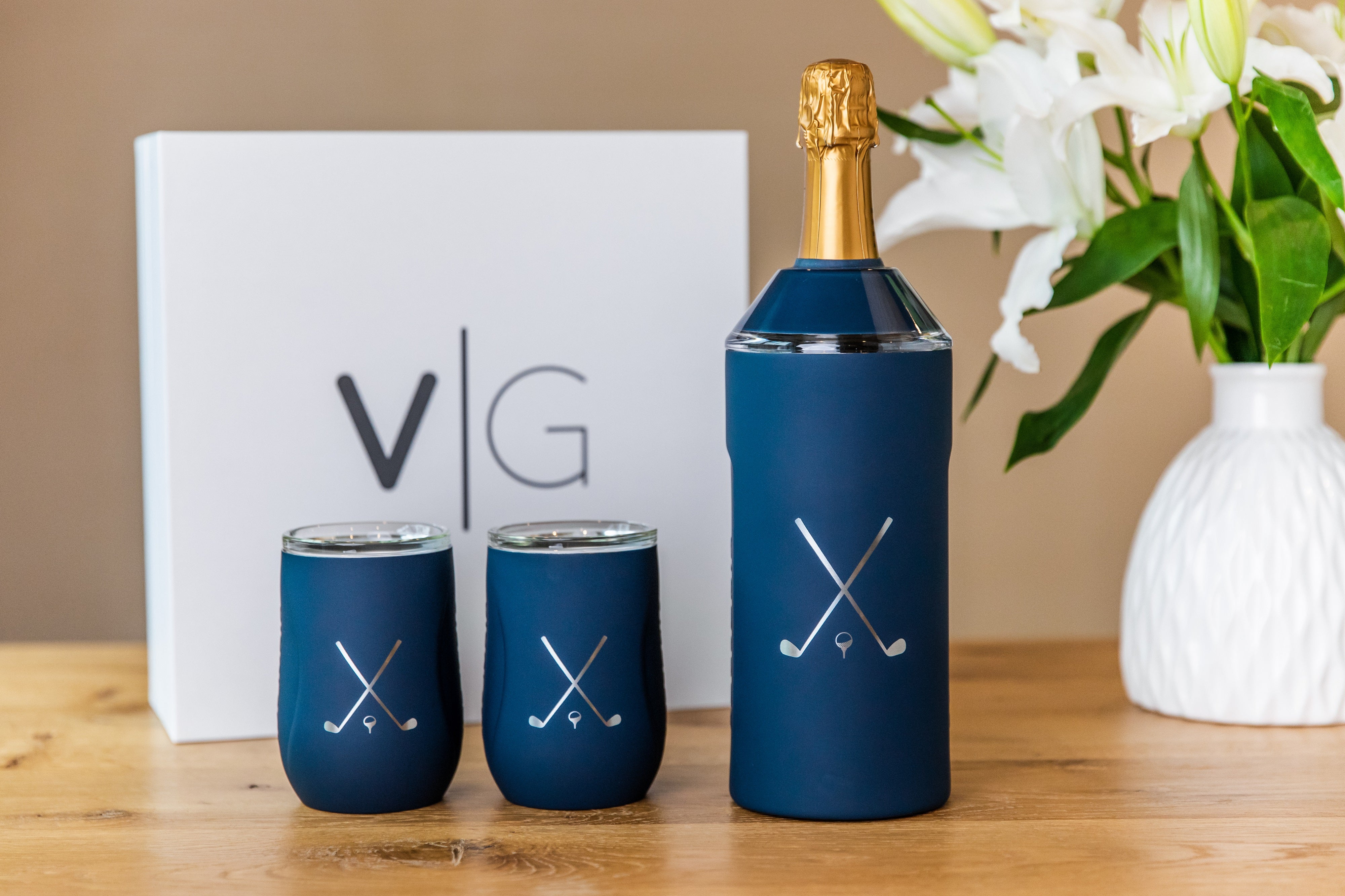 Limited Edition Golf Set of 2 Whiskey in Navy  The Original Wine Chiller.  Stainless tumblers and drinkware