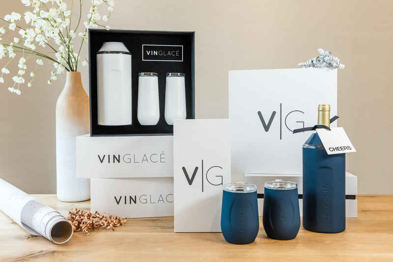 Vinglacé Wine Bottle Chiller Gift Set- Portable Stainless Steel Wine Cooler  with 2 Stemless Wine Glasses, Copper