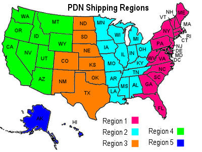 United States map depicting shipping regions used by Plant Delights