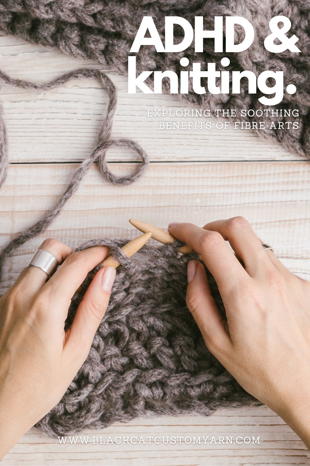 female hands knitting with wooden needles and natural brown yarn. text on the image says ADHD and knitting, exploring the soothing benefits of fibre arts