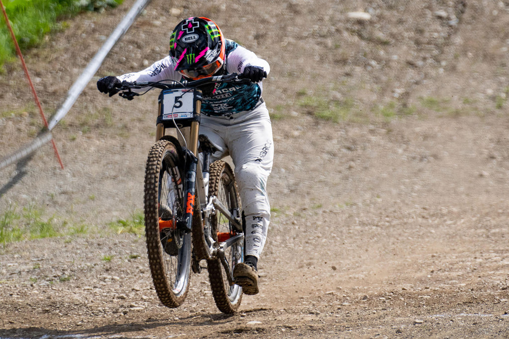 Thibaut Diprela across the finish line in the DH World Cup Leogang 2021