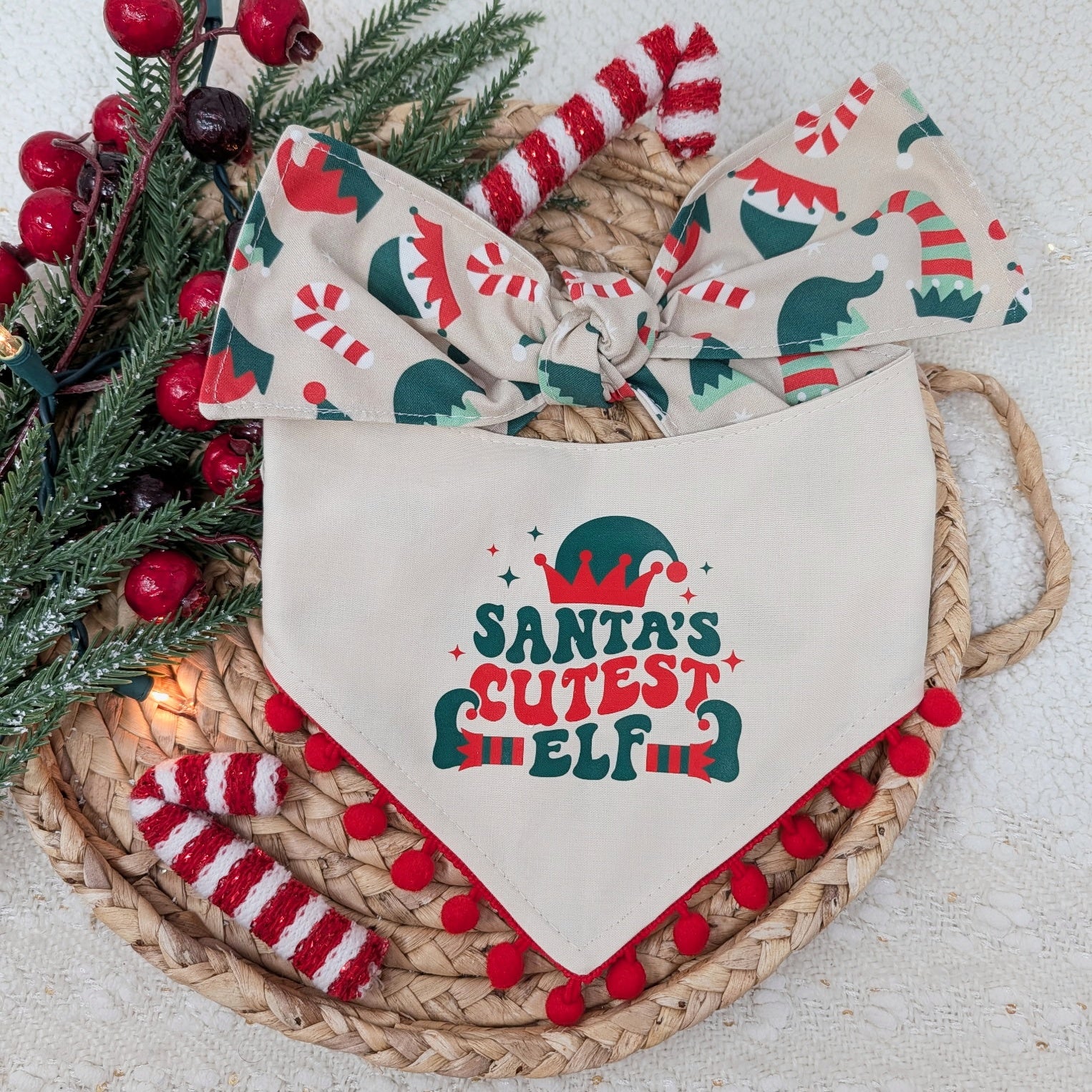 Santa's Cutest Elf Reversible Dog Bandana With Optional Pom Pom Trim