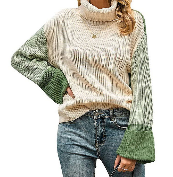 Turtleneck Long Sleeve Color Block Sweater
