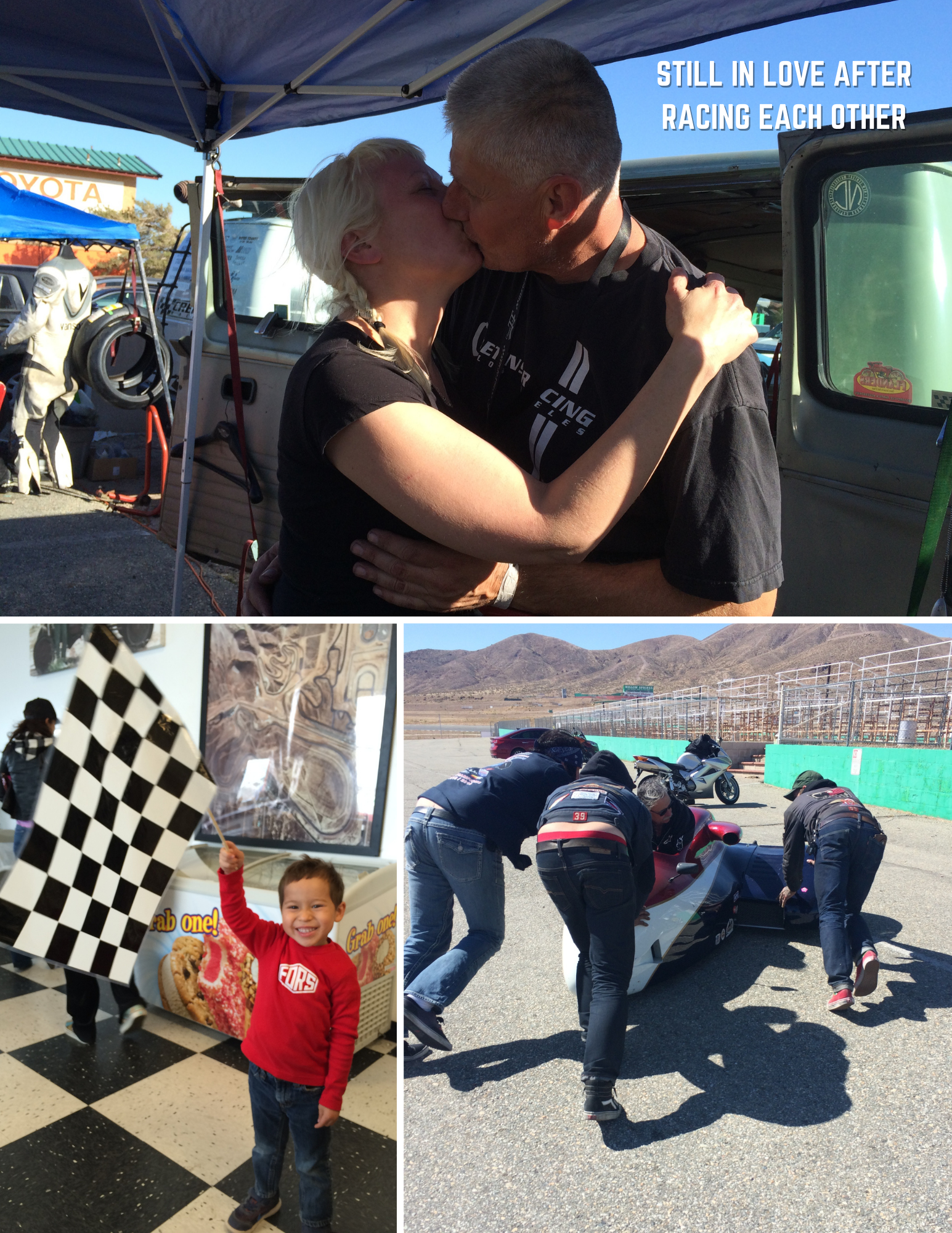 Two motorcyclists kissing: still in love after racing each other