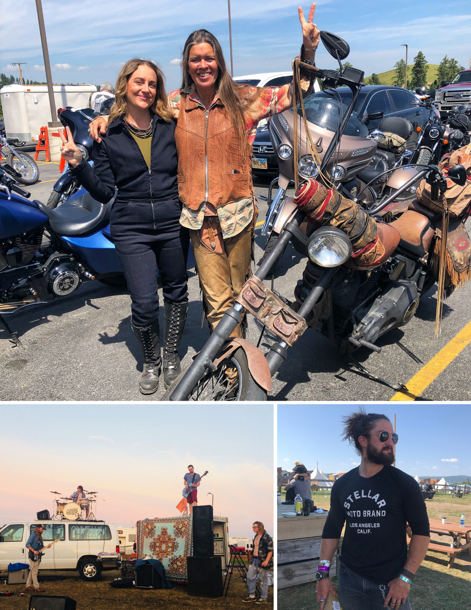 Motorcyclists hugging and a band playing on top of a camper