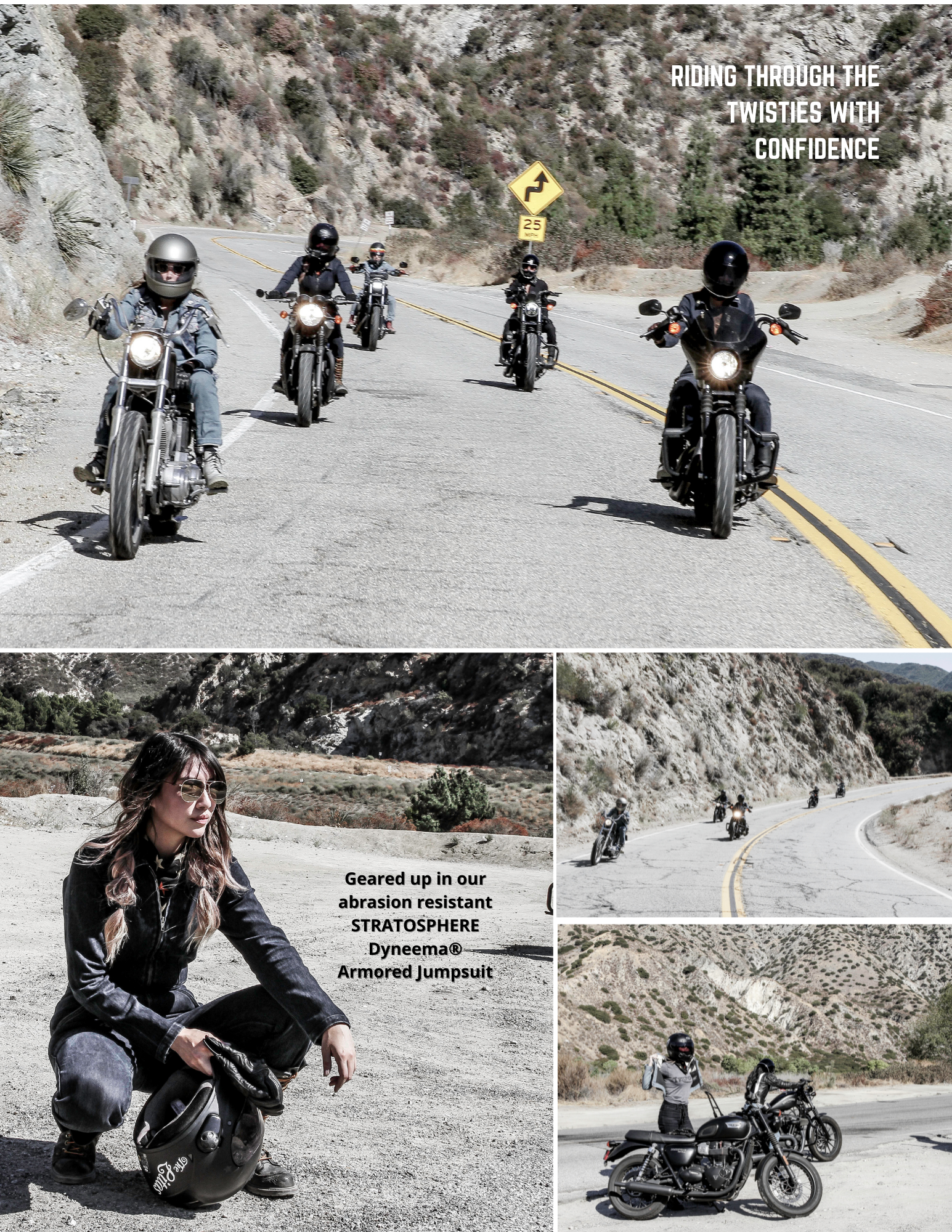 Riding through the twisties with confidence: Geared up in our abrasion resistant STRATOSPHERE Dyneema® Armored Jumpsuit