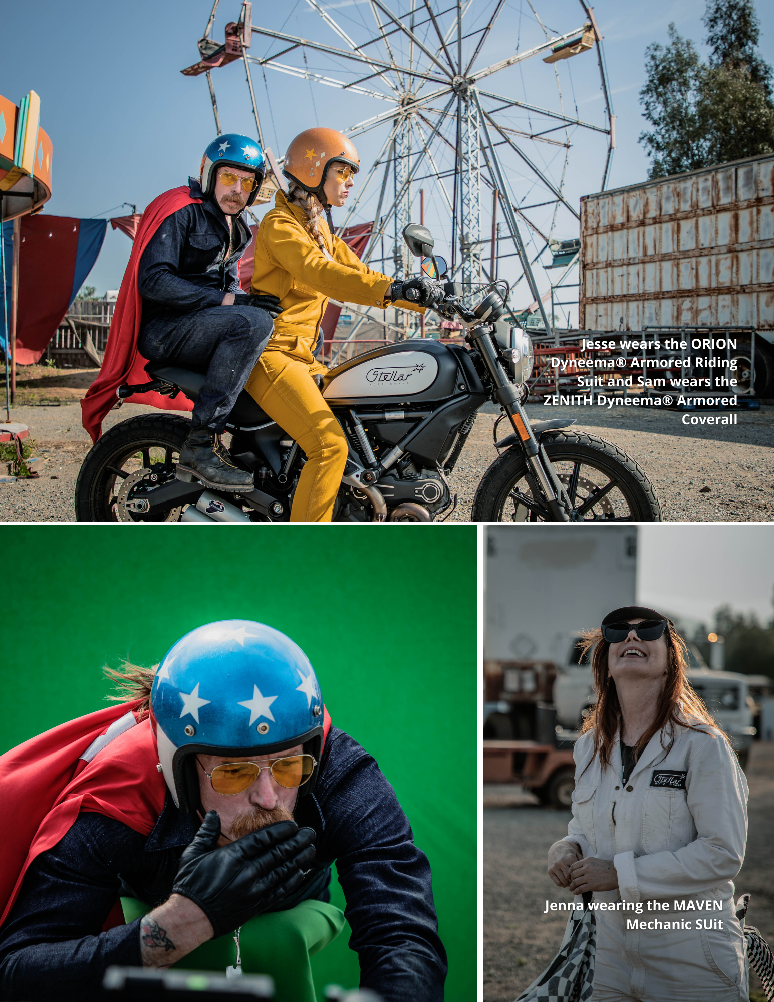 Jesse wears the ORION Dyneema® Armored Riding Suit and Sam wears the ZENITH Dyneema® Armored Coverall
