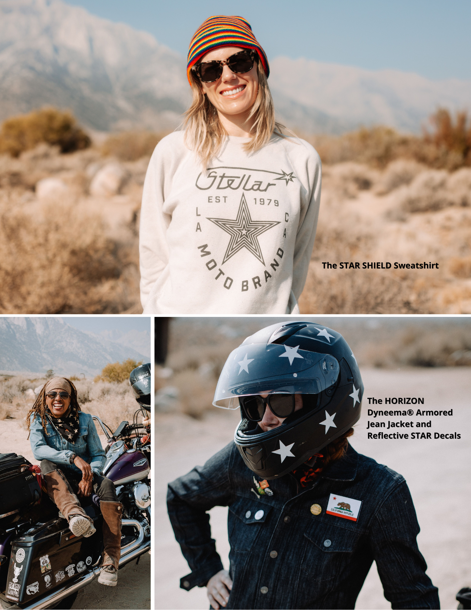 Wearing the The STAR SHIELD Sweatshirt and the HORIZON Dyneema® Armored Jean Jacket and Reflective STAR Decals  