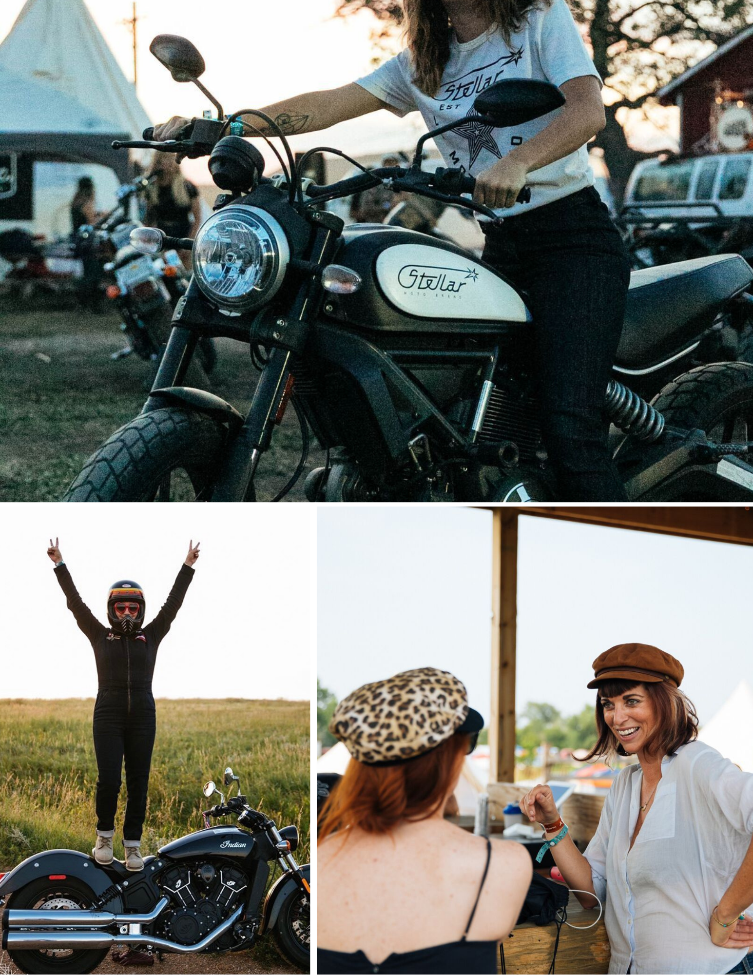 Stellar Moto Band merch and a women standing on her motorcycle