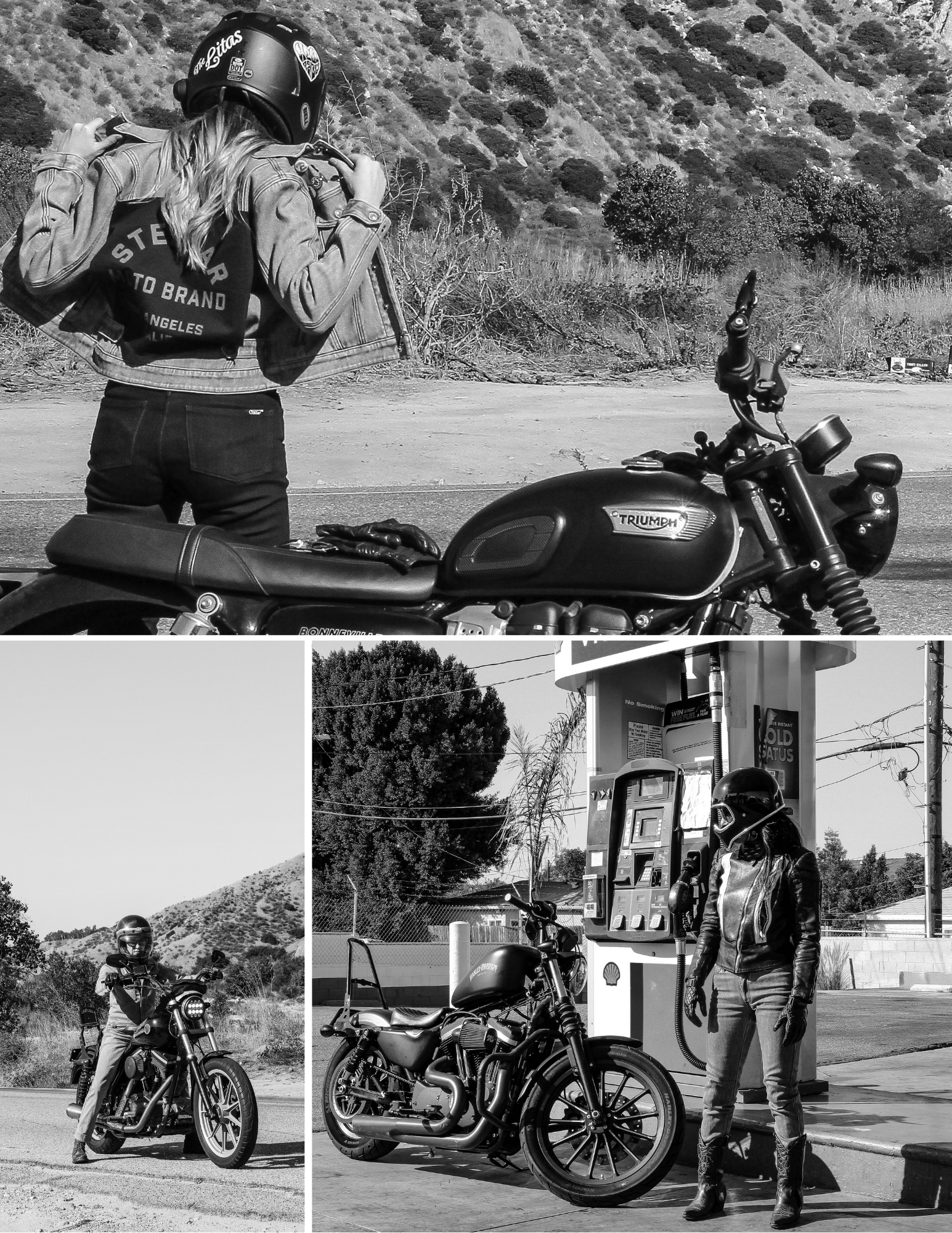 Female cyclists at the gas station and on the road