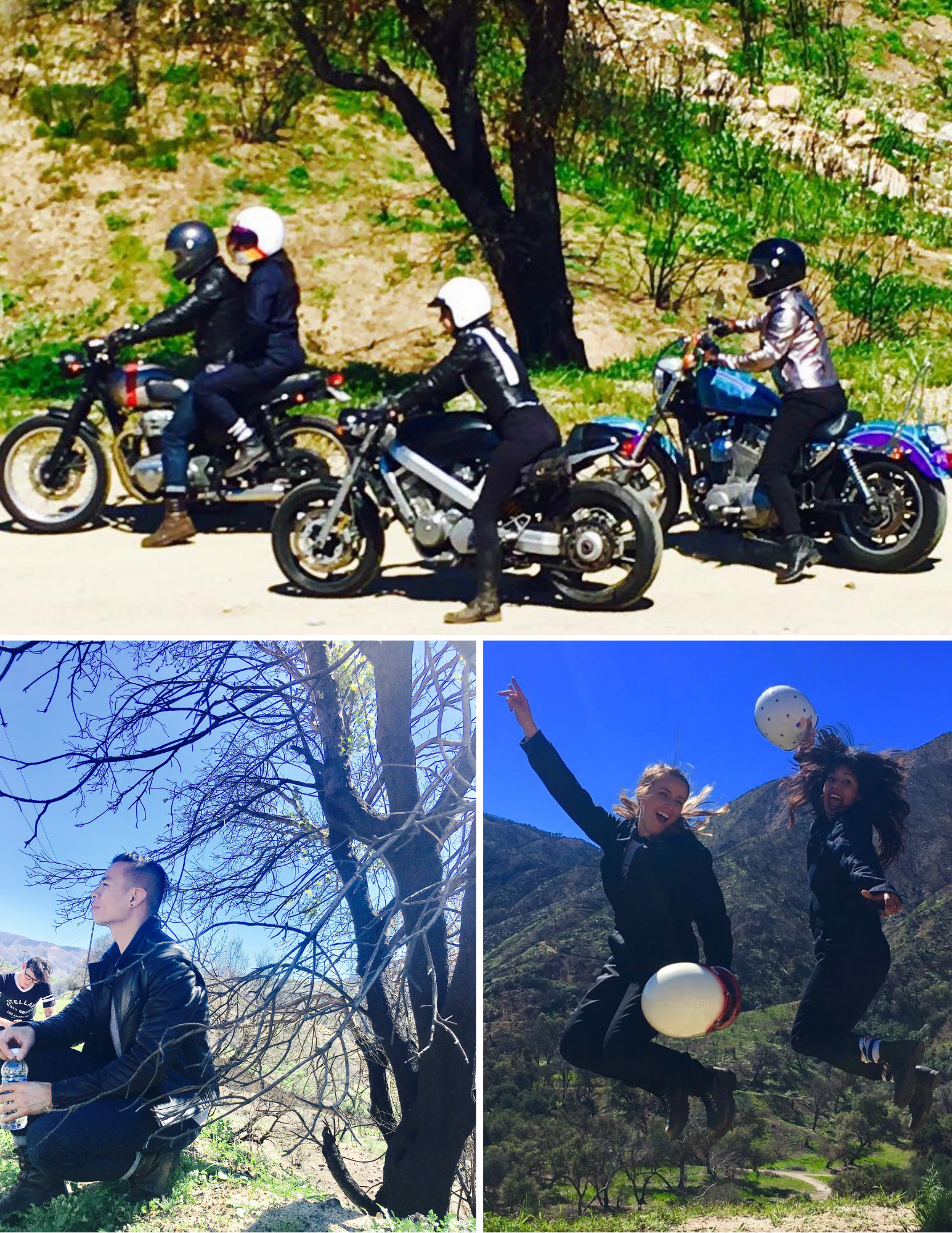 Motorcyclists jumping for joy and hanging out on the side of the road