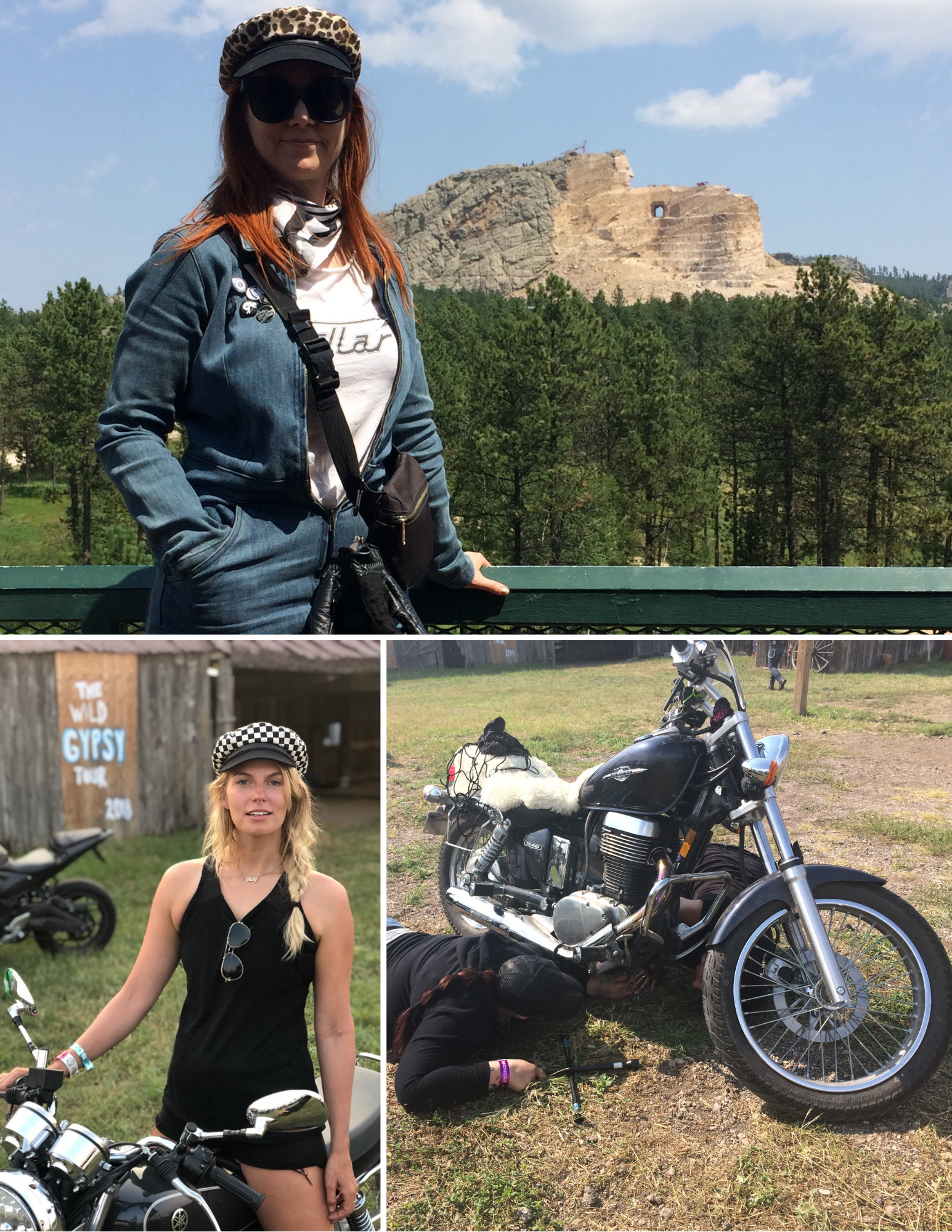 Motorcyclist in denim jumpsuit by the mountains