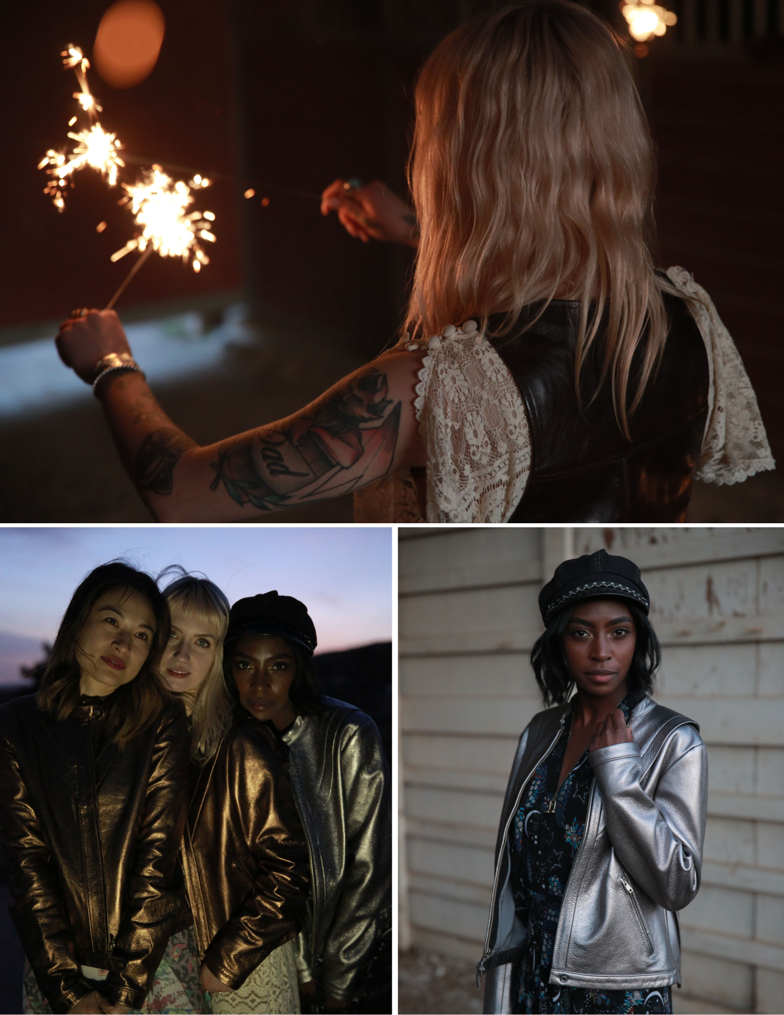 Women with sparklers wearing metallic leather jackets