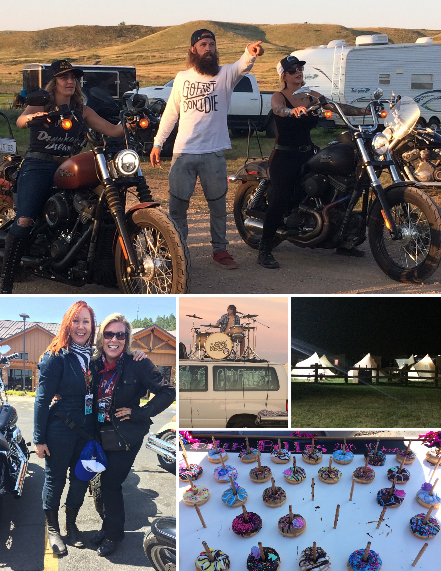 Motorcyclists camping, going for a ride, and eating doughnuts