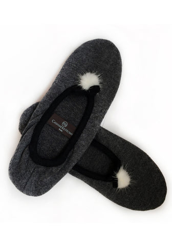 Slippers with Fox Fur Pom-Pom for Home 