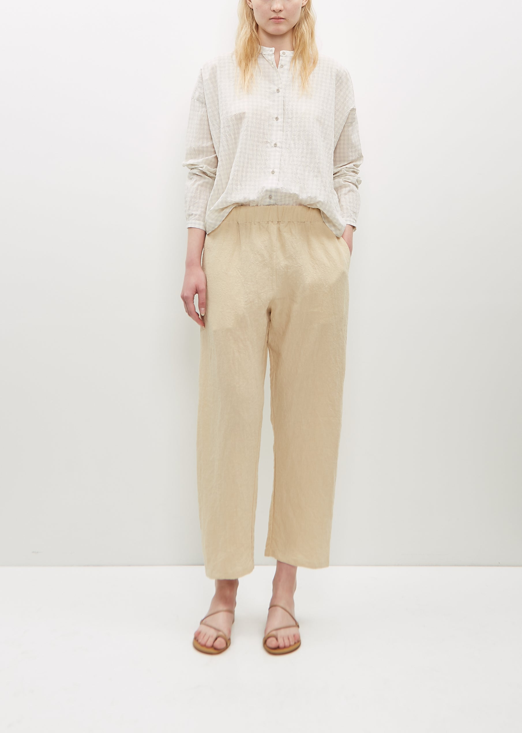 Apuntob Chambray Linen Long Tapered Pullon Pants In Neutral