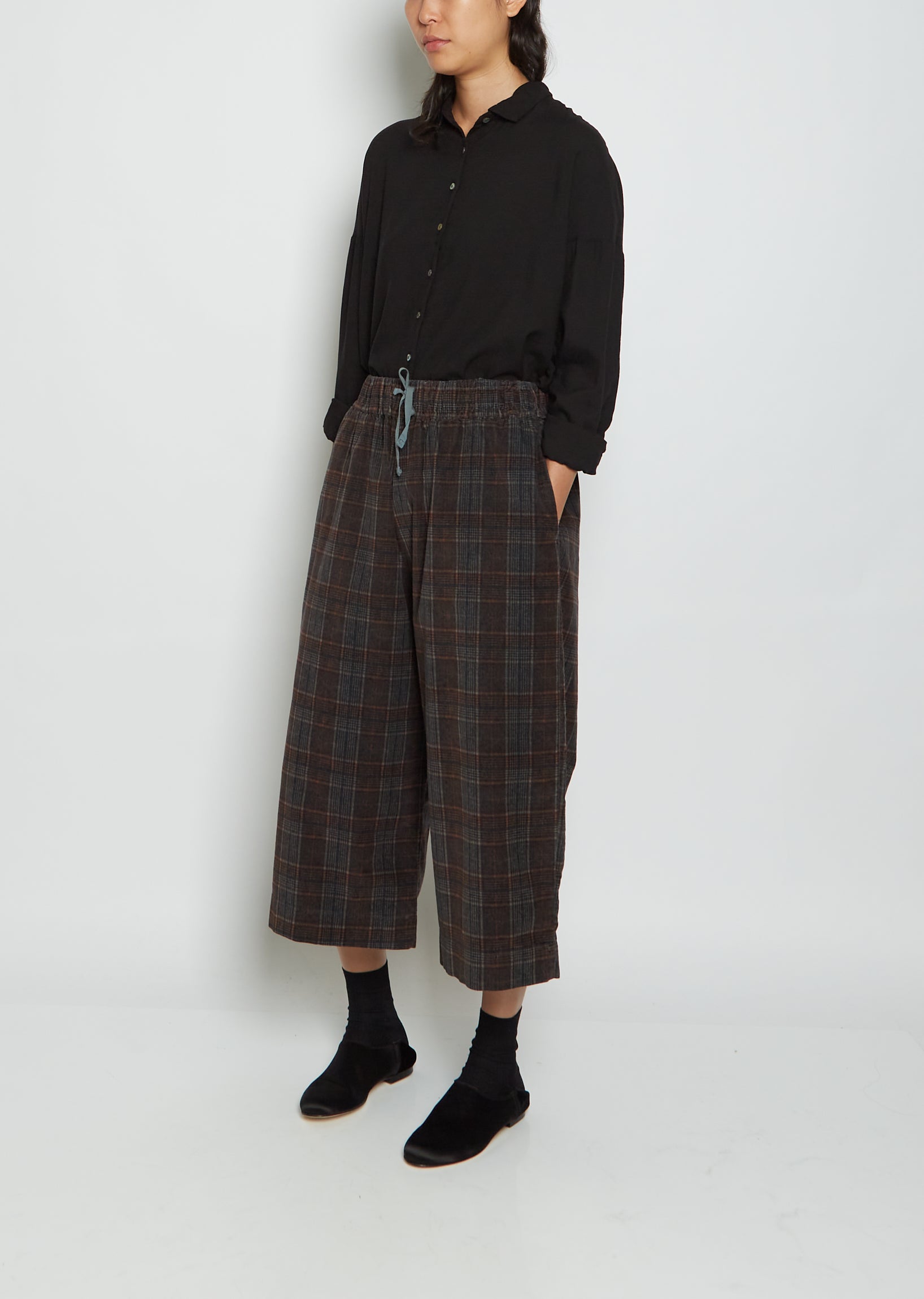 Wide Tartan Cotton Velvet Trousers — Gray – La Garçonne