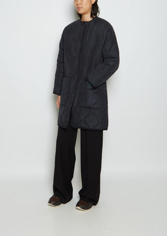 Taffeta Collarless Long Coat — Navy – La Garçonne