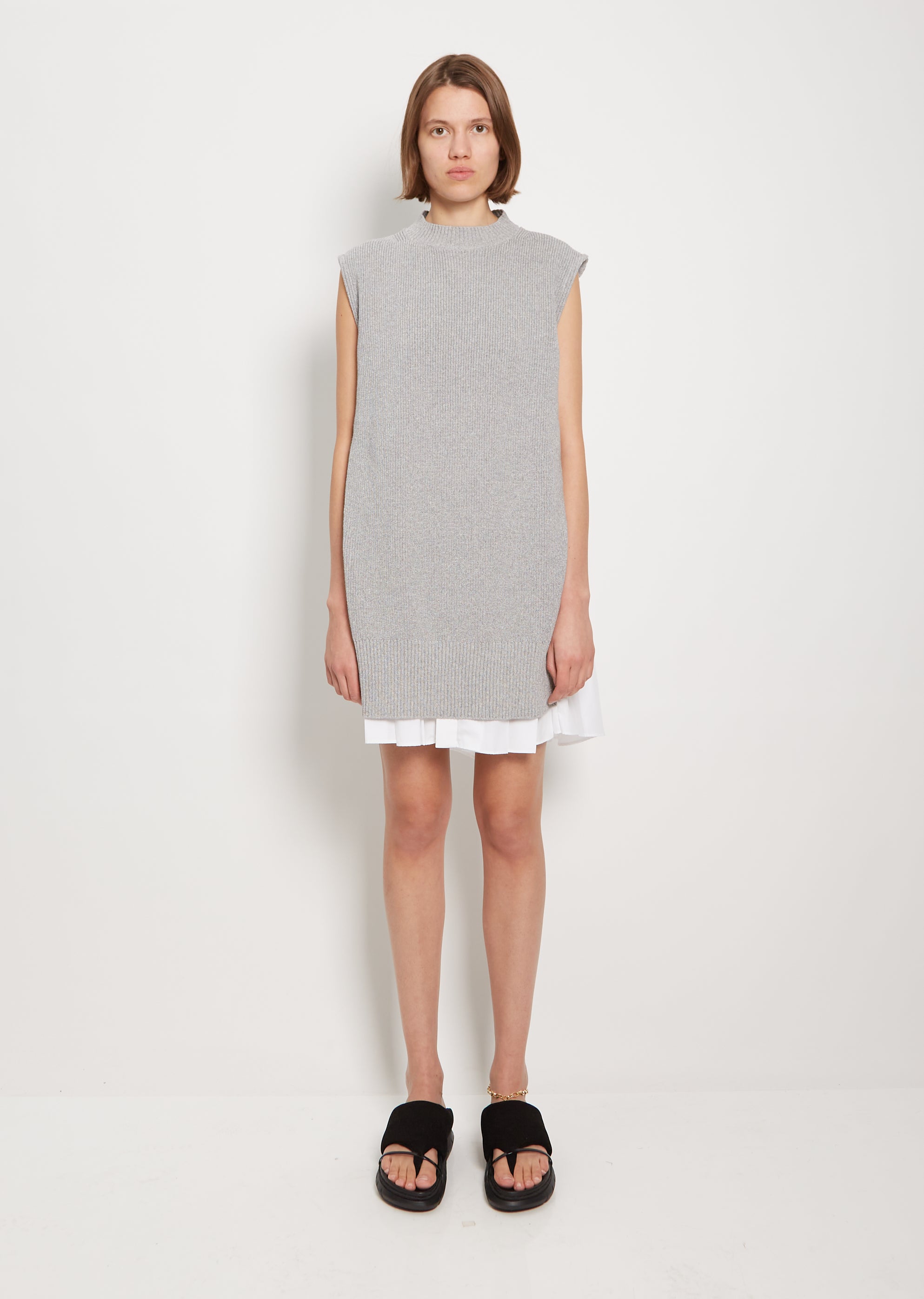 Cotton Poplin x Cotton Knit Dress - 2 / Light Grey