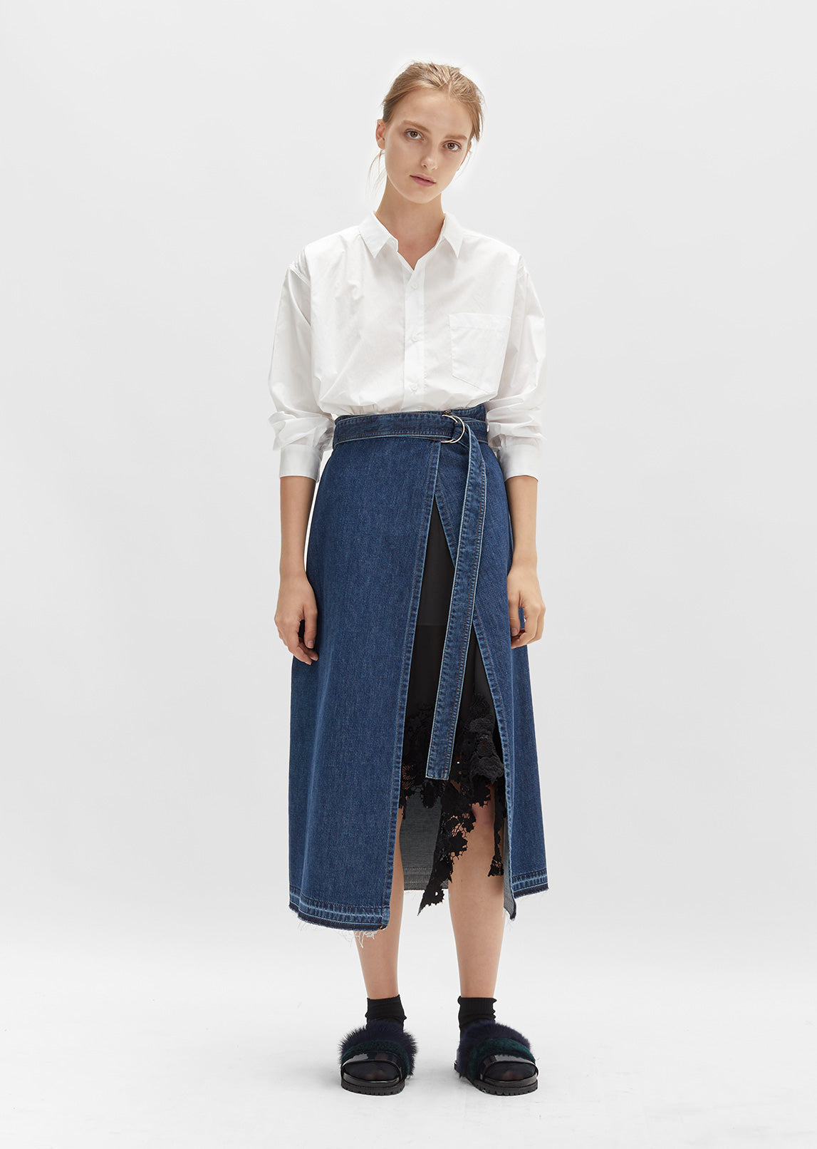 denim wrap midi skirt